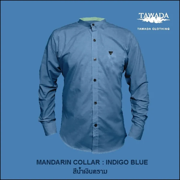 เสื้อเชิ้ตคอจีนแขนยาว_สีน้ำเงินคราม_มีกรอบ เสื้อเชิ้ตเทวดา TAWADA by Milliaircloth
