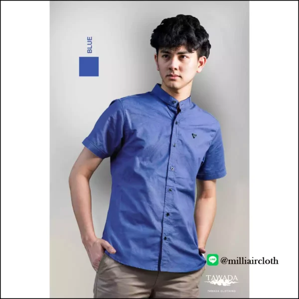 เสื้อเชิ้ตคอจีนแขนสั้น_สีน้ำเงิน เสื้อเชิ้ตเทวดา TAWADA by Milliaircloth