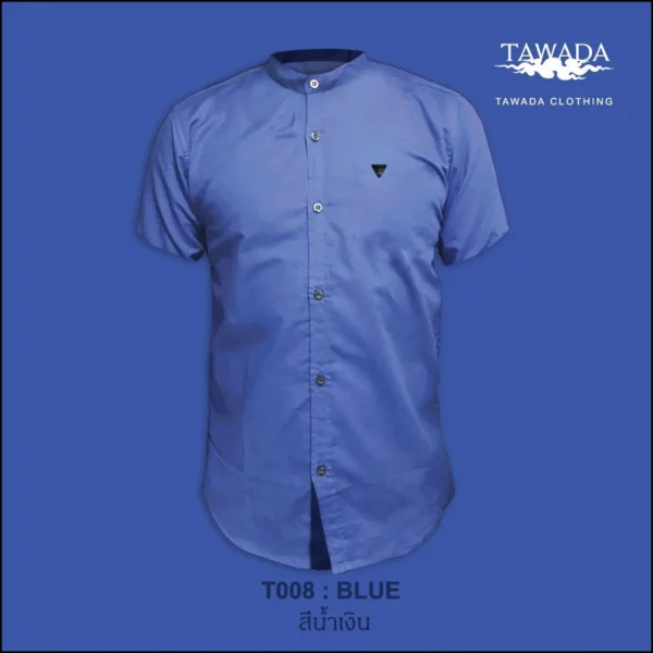 เสื้อเชิ้ตคอจีนแขนสั้น_สีน้ำเงิน_มีกรอบ เสื้อเชิ้ตเทวดา TAWADA by Milliaircloth